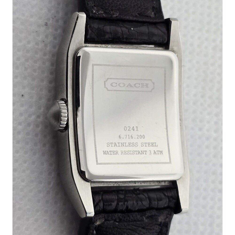 Women's Coach Swiss Made Petite Tank Silver Tone Black Leather Strap Watch 12 - Picture 9 of 9